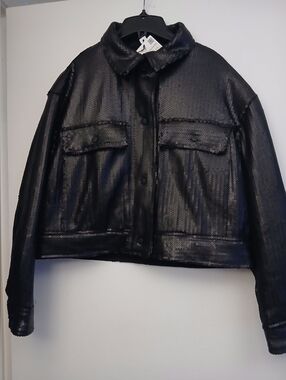 Zara Black Sequined Cropped Jean Jacket.Size M